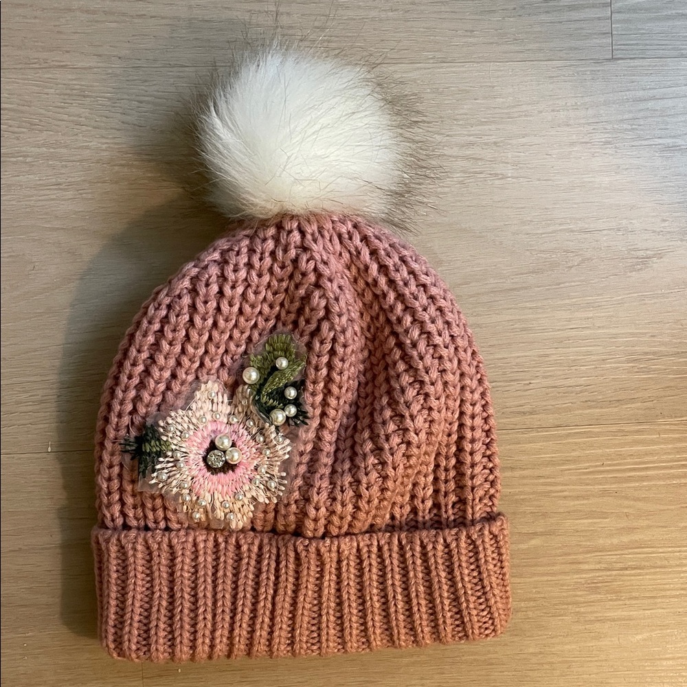 Embroidered Pink Knit Beanie with Pom-Pom